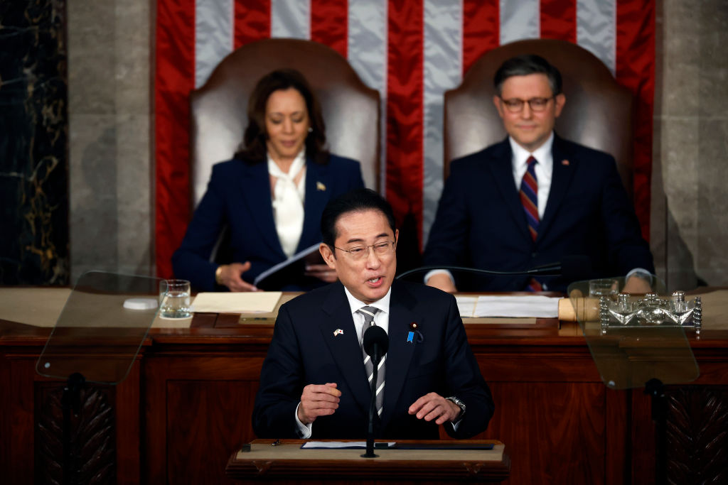 Japanese Prime Minister Fumio Kishida addresses a joint meeting of Congress in the House of Representatives at the U.S. Capitol.