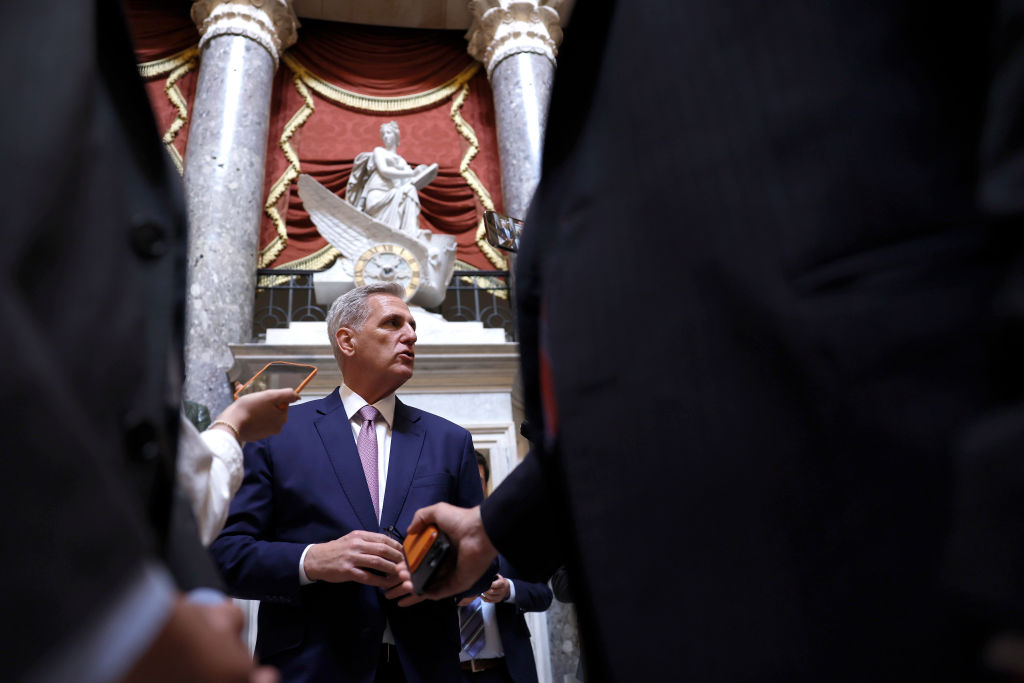 Speaker Kevin McCarthy speaks with reporters in the Capitol.