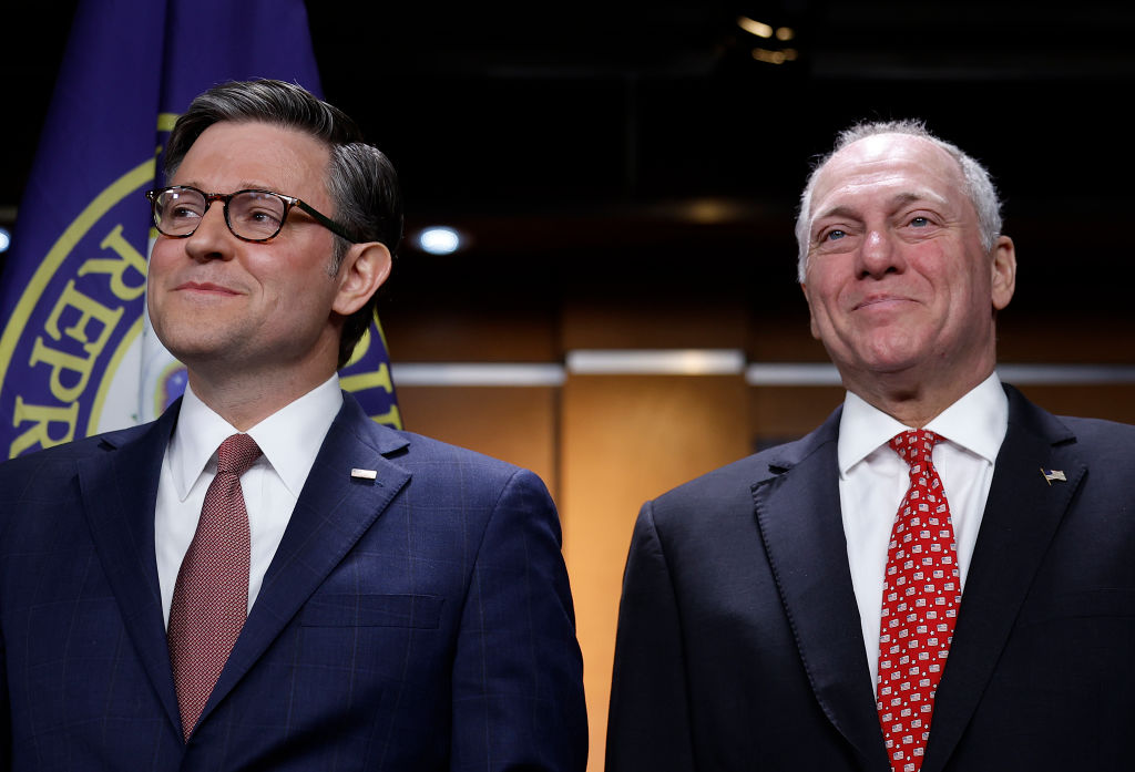 Speaker Mike Johnson stands with House Majority Leader Steve Scalise