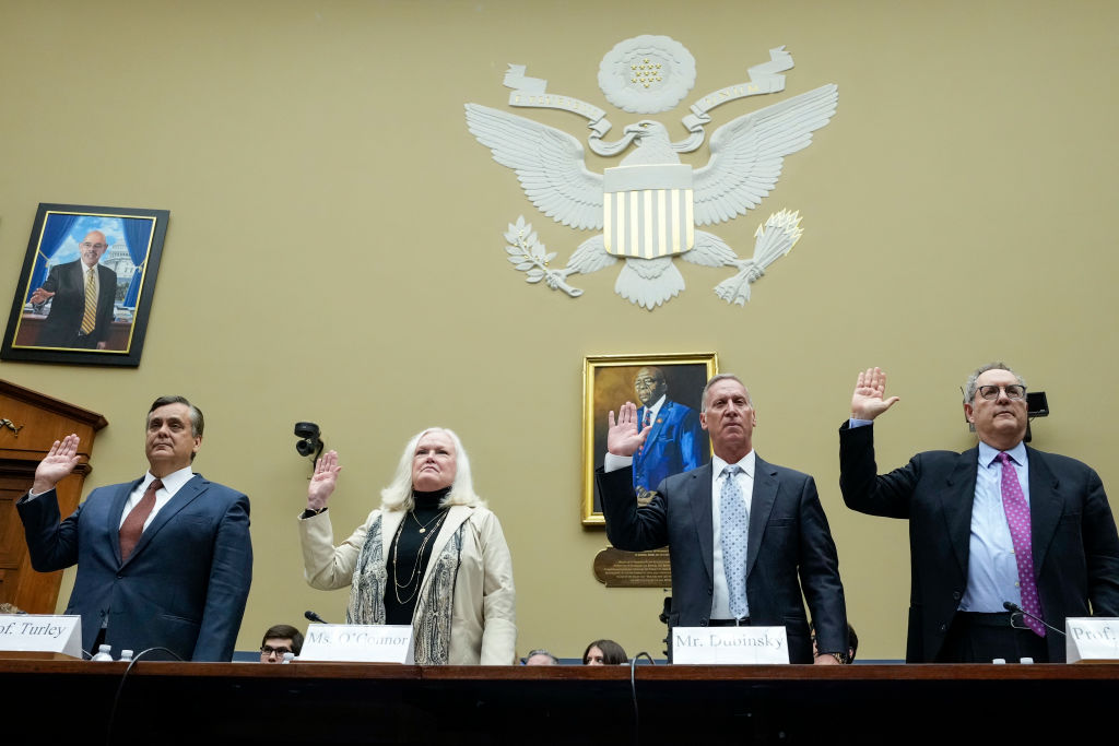 Jonathan Turley, George Washington University Law School Shapiro Chair for Public Interest Law, Eileen O'Connor, former Assistant Attorney General, Bruce Dubinsky, founder of Dubinsky Consulting, and Michael Gerhardt.