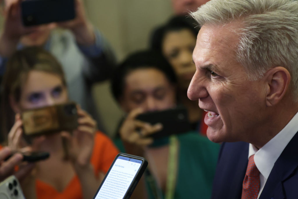 Speaker of the House Rep. Kevin McCarthy (R-CA) speaks to members of the press outside his office at the U.S. Capitol.