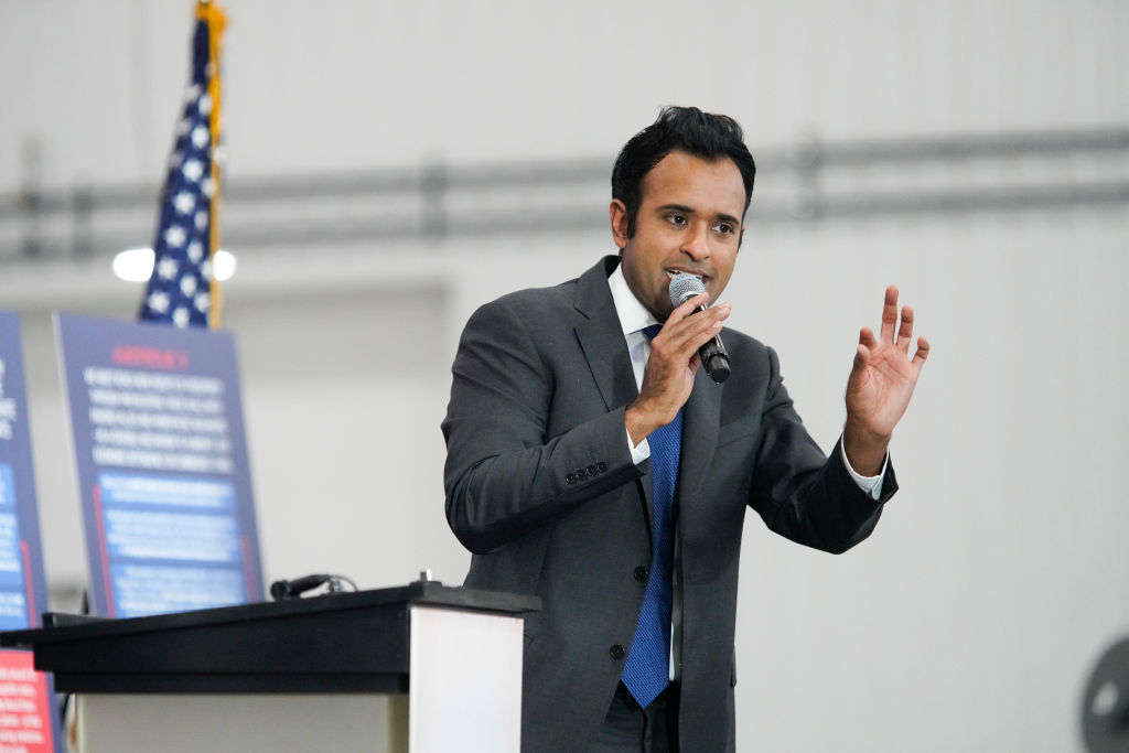 U.S. presidential candidate Vivek Ramaswamy speaks at a campaign stop in New Albany, Ohio.
