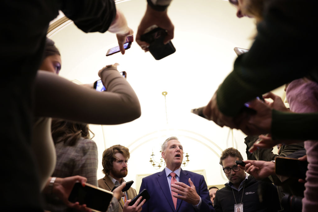 Kevin McCarthy speaks to members of the press at the U.S. Capitol.