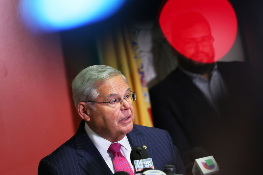 Sen. Bob Menendez (D-NY) speaks during a press conference at Hudson County Community College’s North Hudson Campus on September 25, 2023 in Union City, New Jersey.