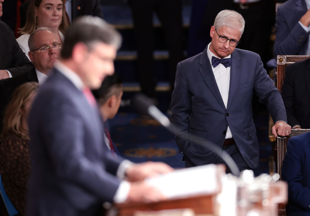 Rep. Patrick McHenry (R-NC) watches as newly elected U.S. Speaker of the House Mike Johnson