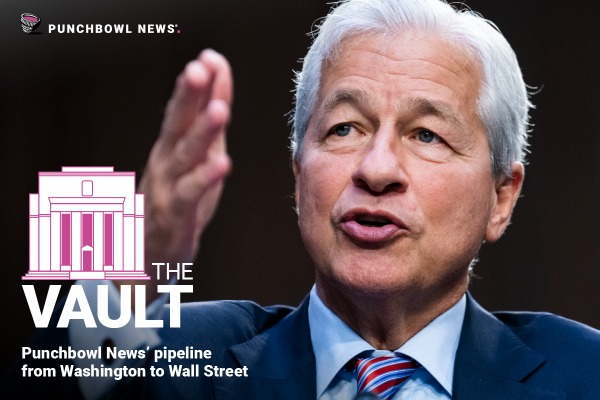 JPMorgan Chase CEO Jamie Dimon behind the Punchbowl News and The Vault logos